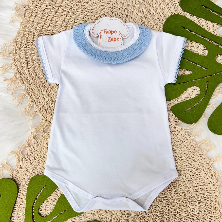 Body Branco com Gola Tricot - Azul